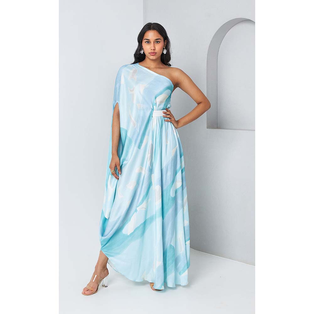 Vedika M Blue Printed One Shoulder Drape Dress with Belt (Set of 2)