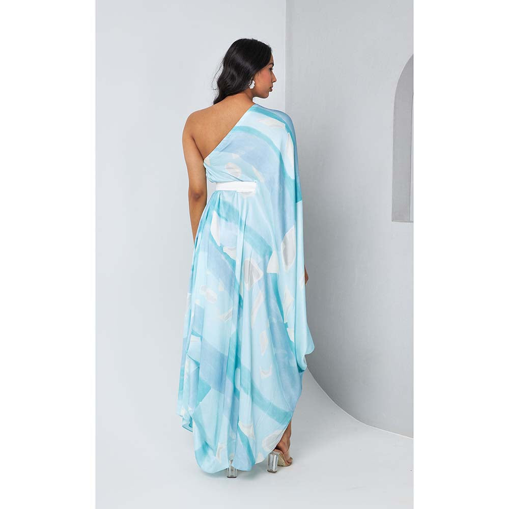 Vedika M Blue Printed One Shoulder Drape Dress with Belt (Set of 2)