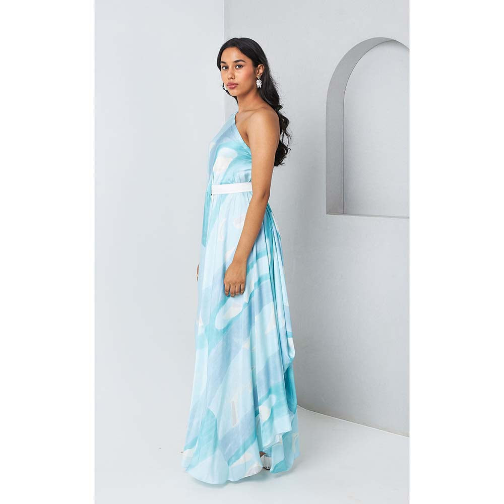 Vedika M Blue Printed One Shoulder Drape Dress with Belt (Set of 2)