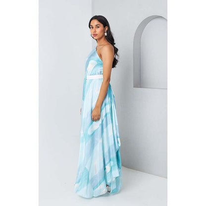 Vedika M Blue Printed One Shoulder Drape Dress with Belt (Set of 2)