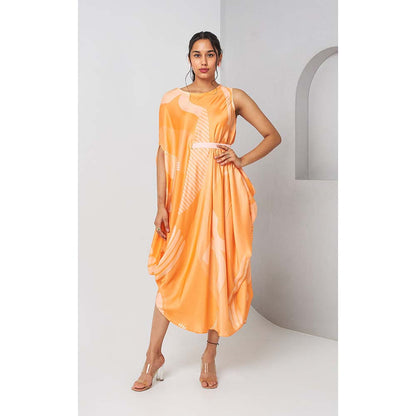 Vedika M Orange Printed Sleeveless Drape Dress with Belt (Set of 2)