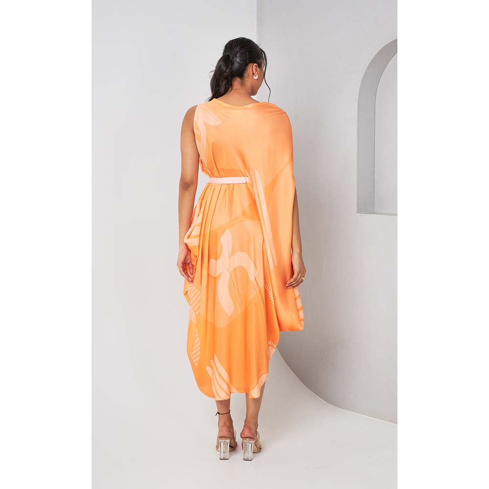 Vedika M Orange Printed Sleeveless Drape Dress with Belt (Set of 2)