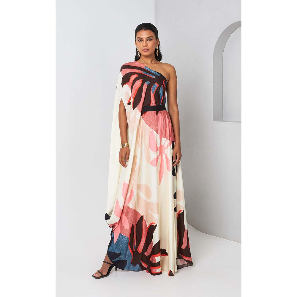 Vedika M Multi-Colour Printed One Shoulder Drape Dress with Belt (Set of 2)