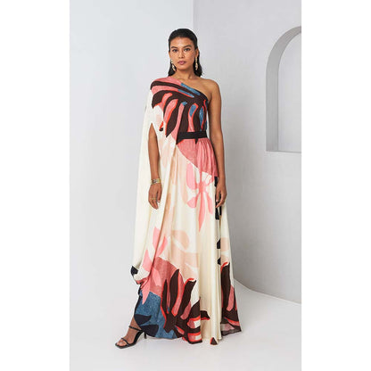 Vedika M Multi-Colour Printed One Shoulder Drape Dress with Belt (Set of 2)