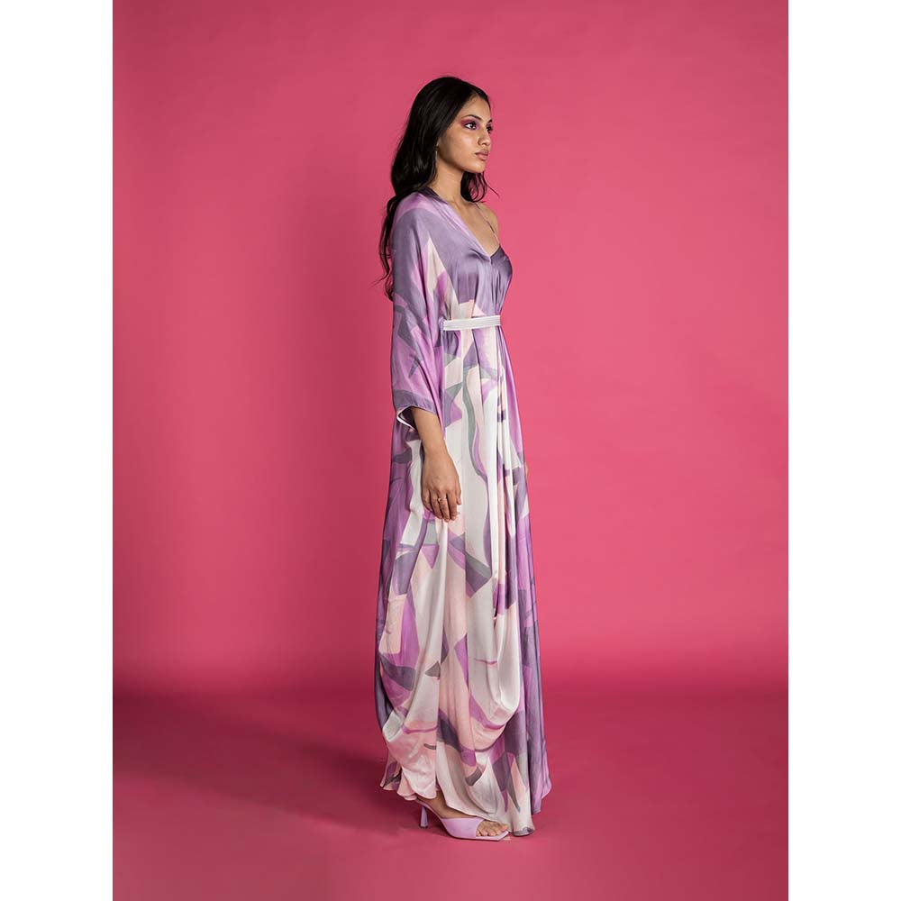 Vedika M Purple Printed Drape Dress with Belt (Set of 2)