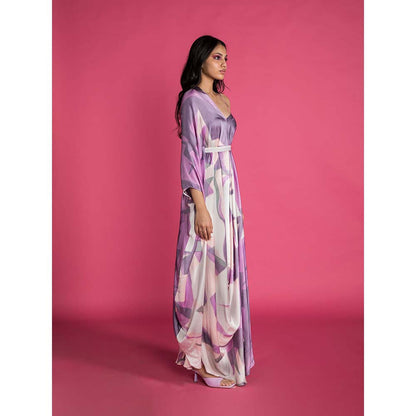 Vedika M Purple Printed Drape Dress with Belt (Set of 2)