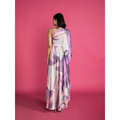 Vedika M Purple Printed Drape Dress with Belt (Set of 2)