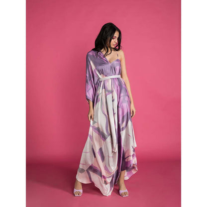 Vedika M Purple Printed Drape Dress with Belt (Set of 2)