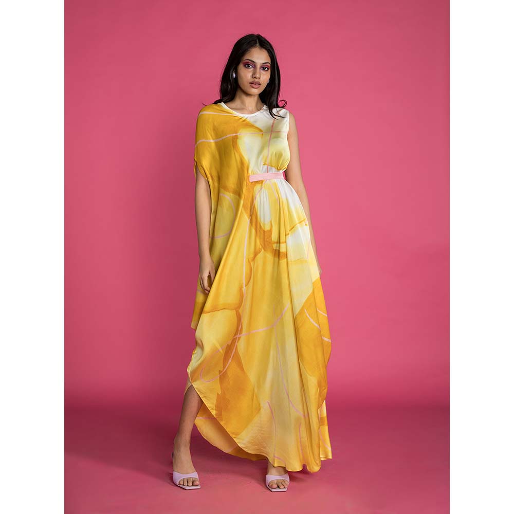Vedika M Yellow Printed Sleeveless Drape Dress with Belt (Set of 2)