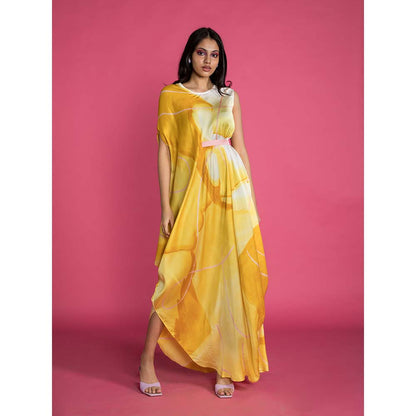 Vedika M Yellow Printed Sleeveless Drape Dress with Belt (Set of 2)