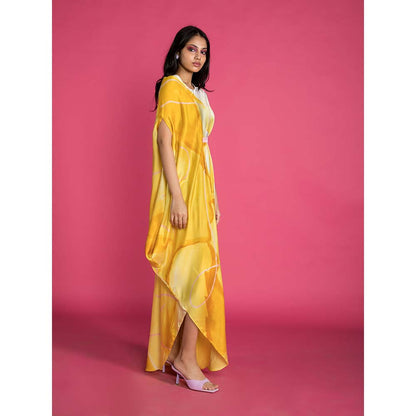 Vedika M Yellow Printed Sleeveless Drape Dress with Belt (Set of 2)