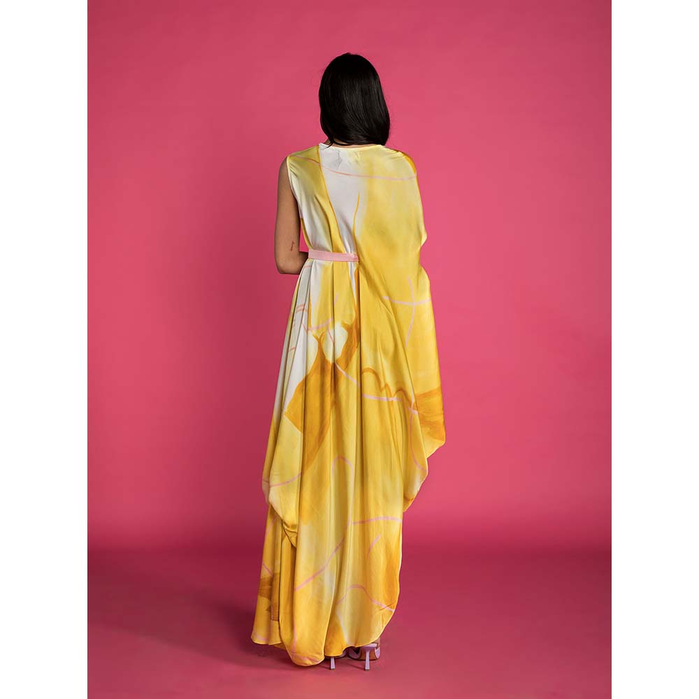 Vedika M Yellow Printed Sleeveless Drape Dress with Belt (Set of 2)