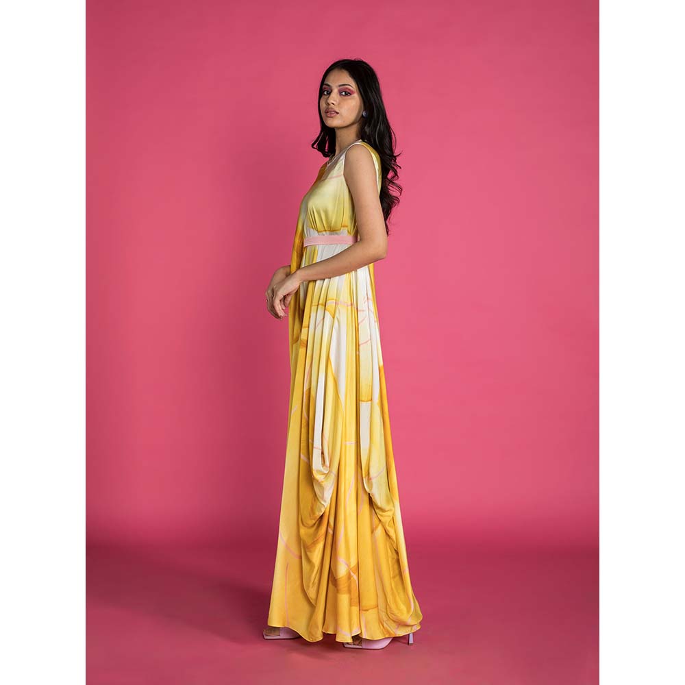 Vedika M Yellow Printed Sleeveless Drape Dress with Belt (Set of 2)