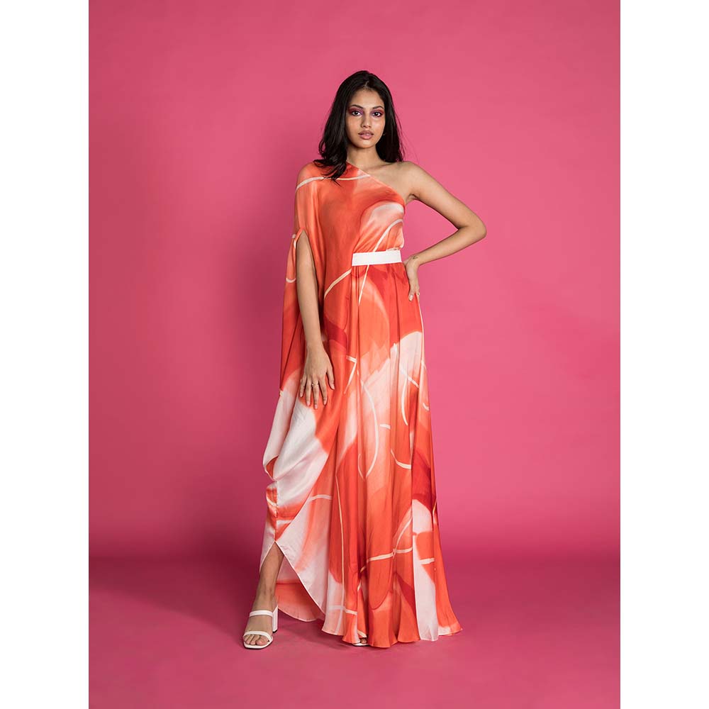 Vedika M Red Printed One Shoulder Drape Dress with Belt (Set of 2)