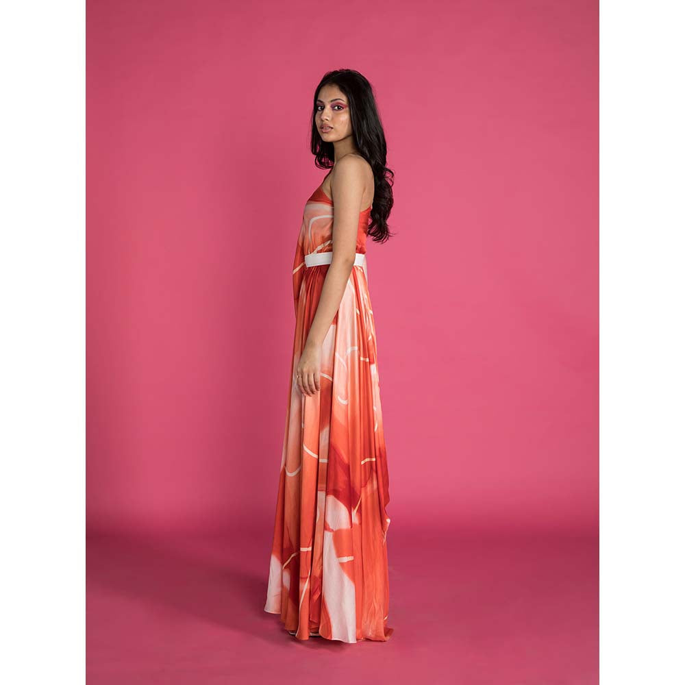 Vedika M Red Printed One Shoulder Drape Dress with Belt (Set of 2)