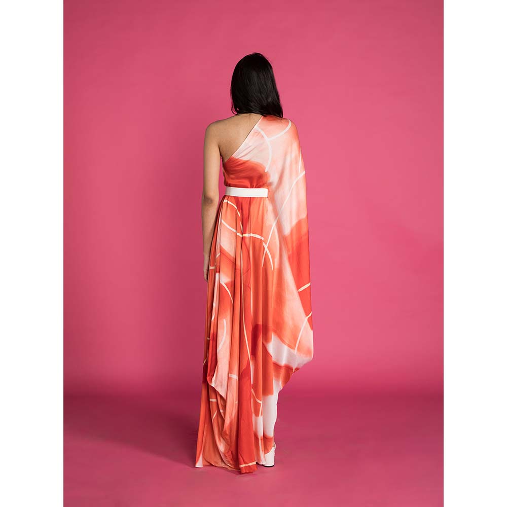 Vedika M Red Printed One Shoulder Drape Dress with Belt (Set of 2)