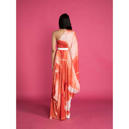 Vedika M Red Printed One Shoulder Drape Dress with Belt (Set of 2)