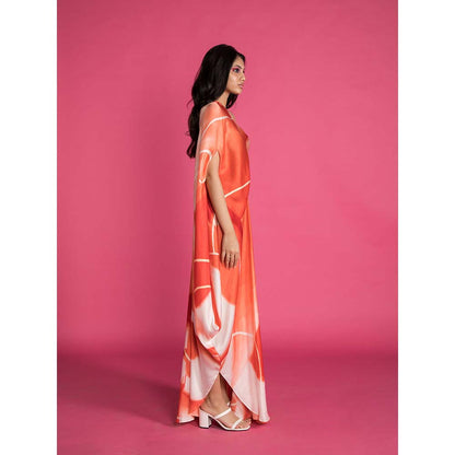 Vedika M Red Printed One Shoulder Drape Dress with Belt (Set of 2)