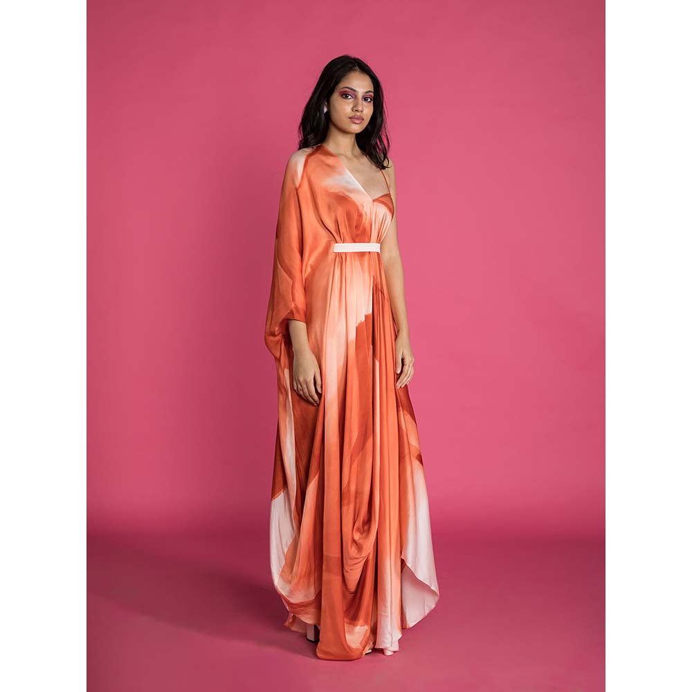 Vedika M Rust Printed Drape Dress with Belt (Set of 2)