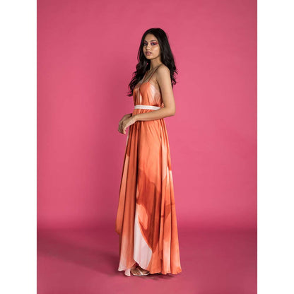 Vedika M Rust Printed Drape Dress with Belt (Set of 2)