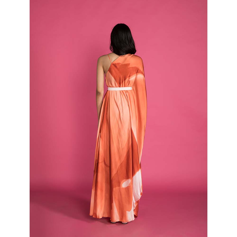Vedika M Rust Printed Drape Dress with Belt (Set of 2)