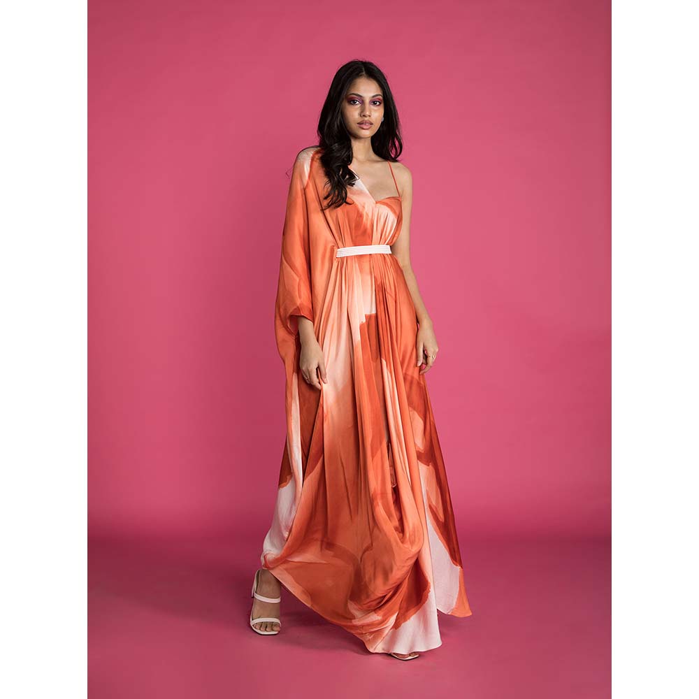 Vedika M Rust Printed Drape Dress with Belt (Set of 2)