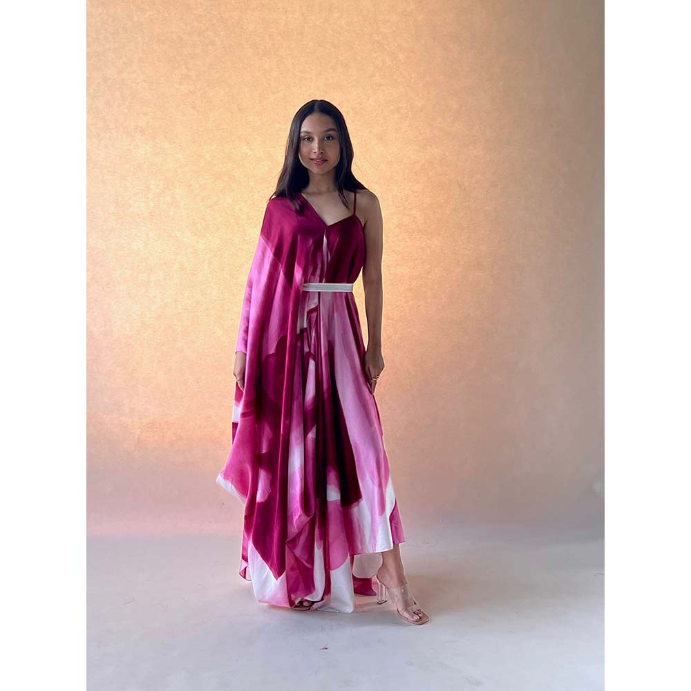 Vedika M Burgundy Printed Drape Dress with Belt (Set of 2)