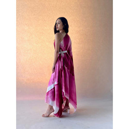 Vedika M Burgundy Printed Drape Dress with Belt (Set of 2)