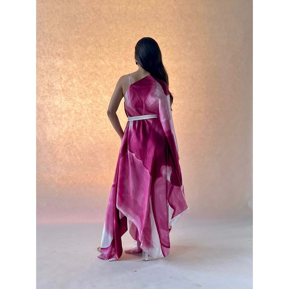 Vedika M Burgundy Printed Drape Dress with Belt (Set of 2)