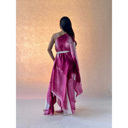 Vedika M Burgundy Printed Drape Dress with Belt (Set of 2)