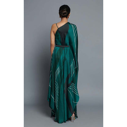 Vedika M Green Printed Drape Dress with Belt (Set of 2)