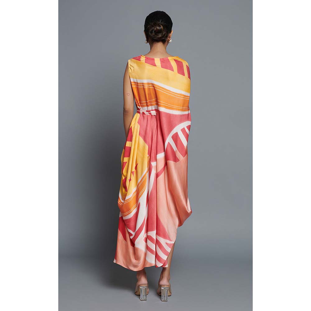 Vedika M Yellow Printed Drape Dress with Belt (Set of 2)