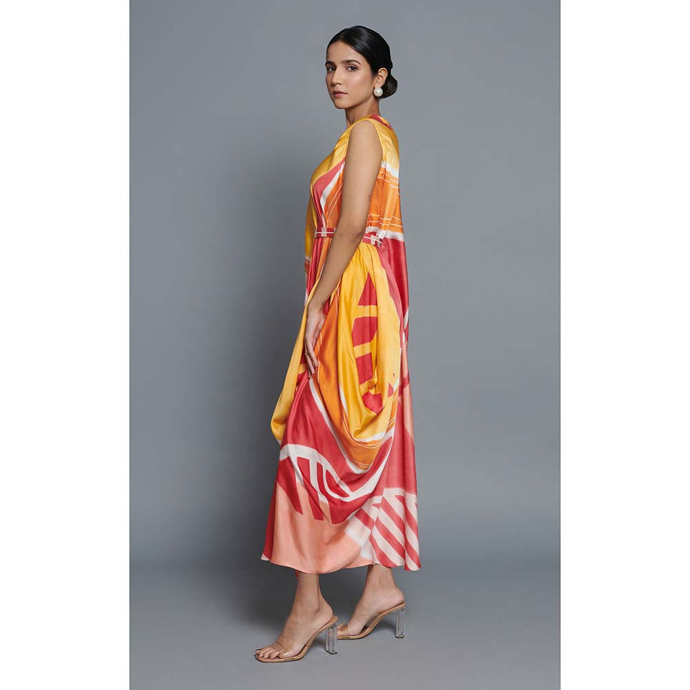 Vedika M Yellow Printed Drape Dress with Belt (Set of 2)