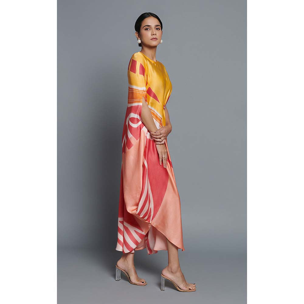 Vedika M Yellow Printed Drape Dress with Belt (Set of 2)