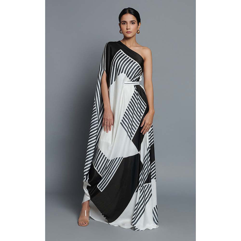 Vedika M Black Printed One Shoulder Drape Dress with Belt (Set of 2)