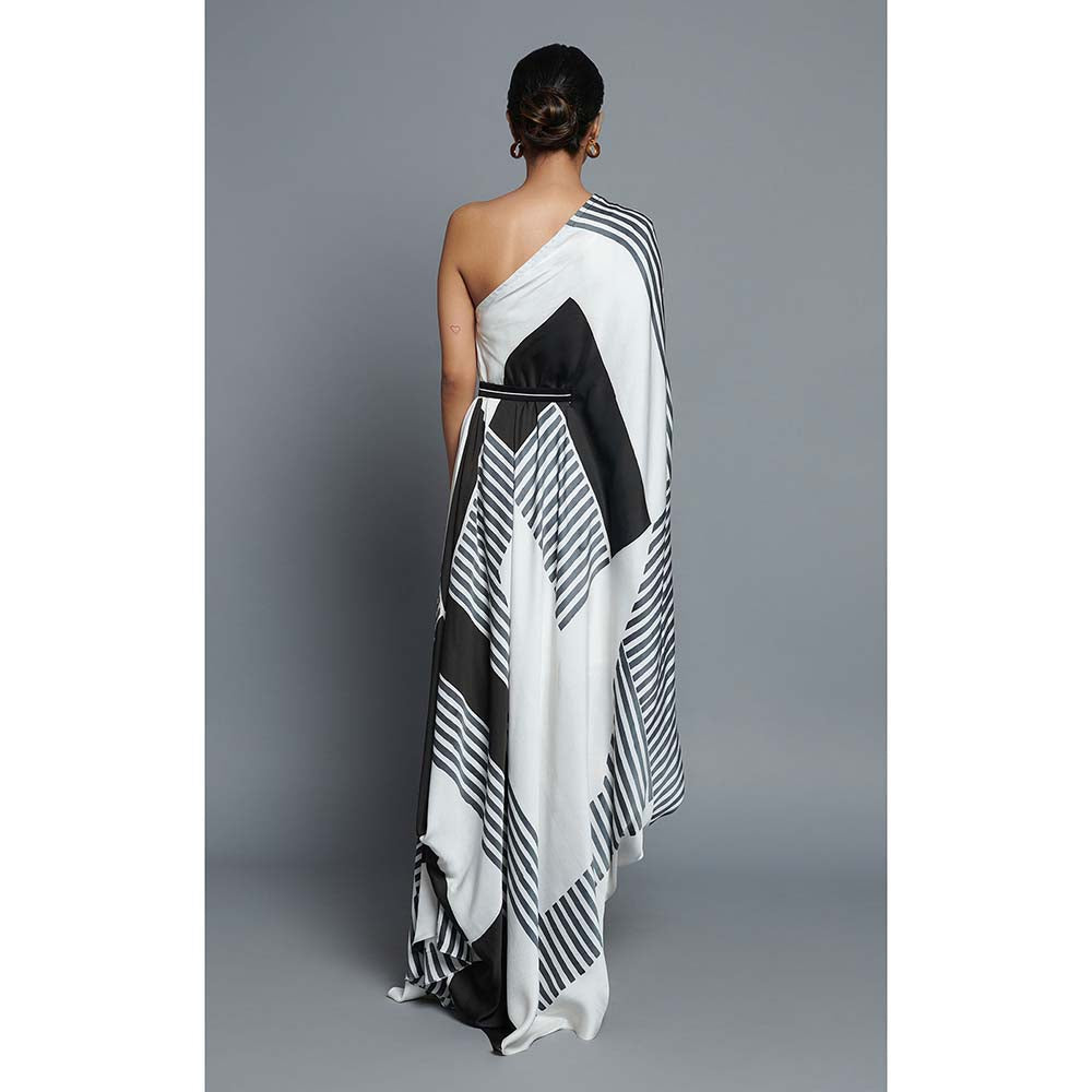 Vedika M Black Printed One Shoulder Drape Dress with Belt (Set of 2)