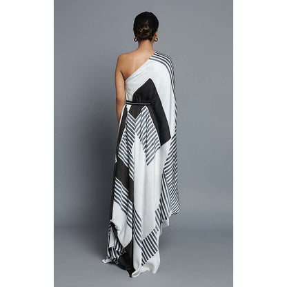 Vedika M Black Printed One Shoulder Drape Dress with Belt (Set of 2)