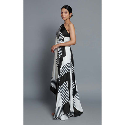 Vedika M Black Printed One Shoulder Drape Dress with Belt (Set of 2)