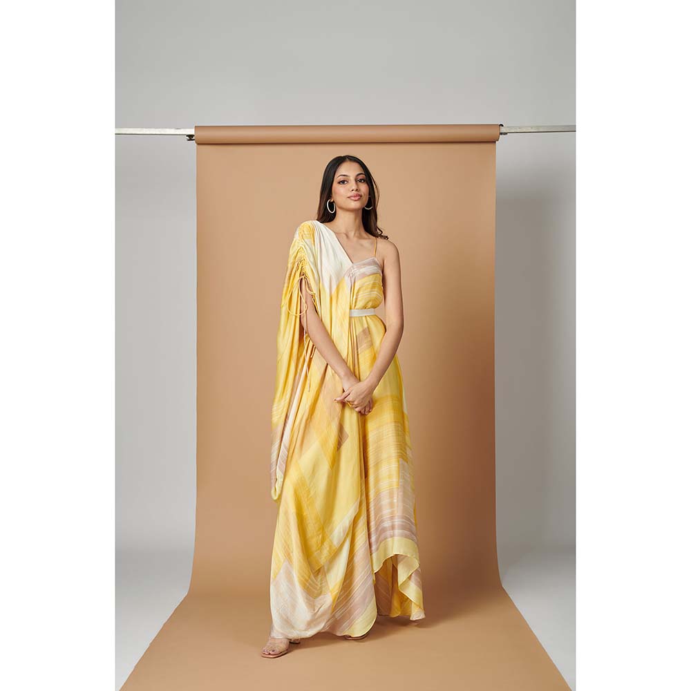 Vedika M Yellow Printed Drape Dress with Belt (Set of 2)