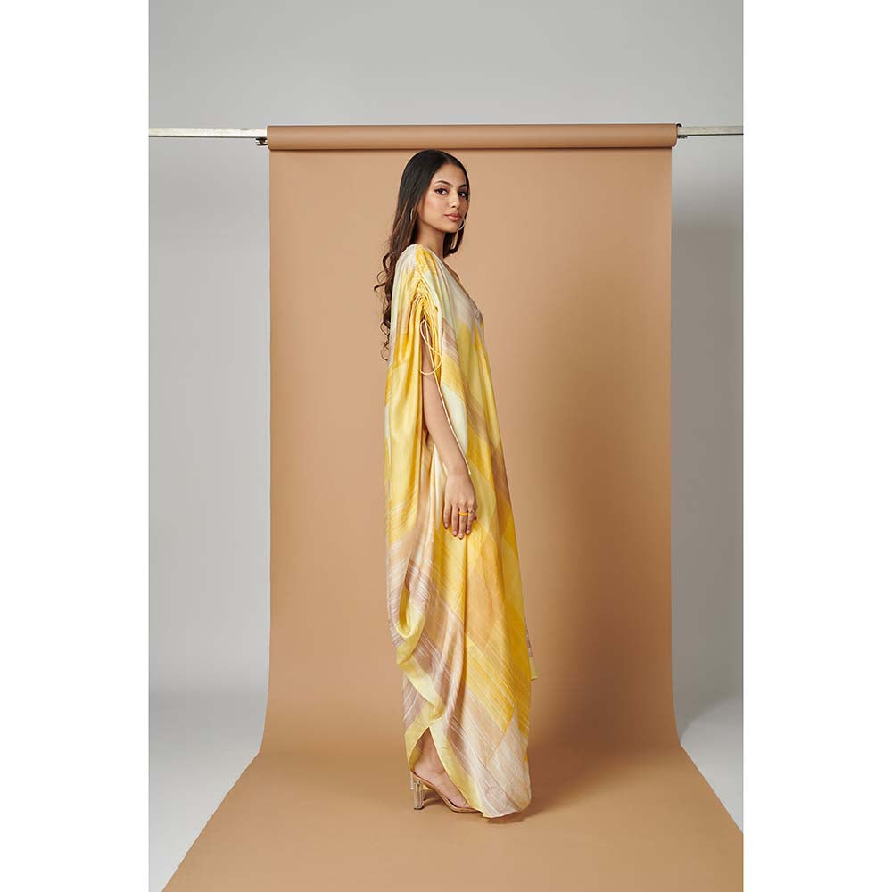 Vedika M Yellow Printed Drape Dress with Belt (Set of 2)