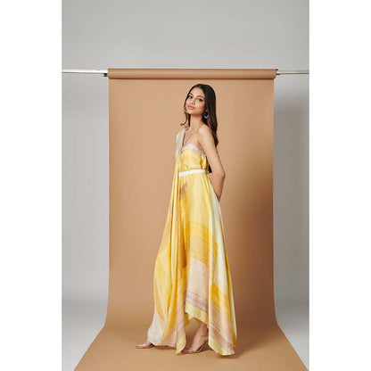 Vedika M Yellow Printed Drape Dress with Belt (Set of 2)