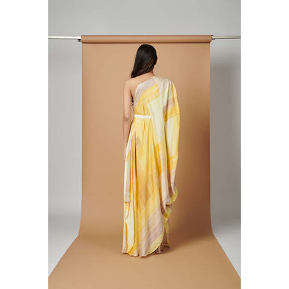 Vedika M Yellow Printed Drape Dress with Belt (Set of 2)
