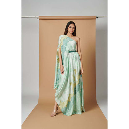 Vedika M Green Printed One Shoulder Drape Dress with Belt (Set of 2)