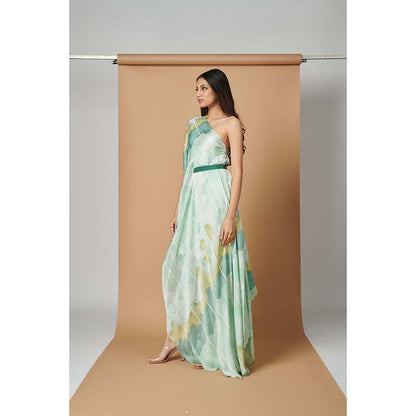 Vedika M Green Printed One Shoulder Drape Dress with Belt (Set of 2)