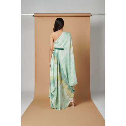 Vedika M Green Printed One Shoulder Drape Dress with Belt (Set of 2)