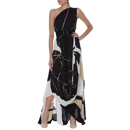 Vedika M Black Printed One Shoulder Drape Dress with Belt (Set of 2)
