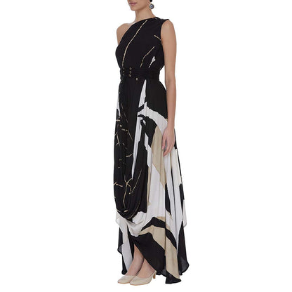 Vedika M Black Printed One Shoulder Drape Dress with Belt (Set of 2)