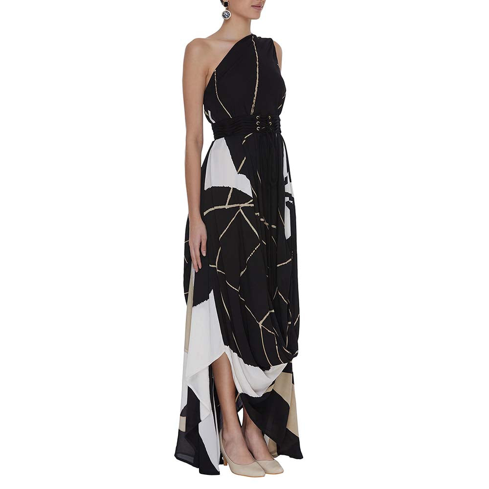 Vedika M Black Printed One Shoulder Drape Dress with Belt (Set of 2)