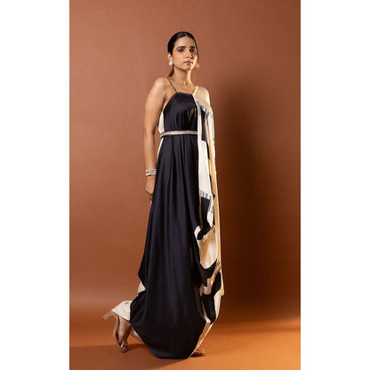 Vedika M Black Printed Asymmetric Draped Dress with Attached Belt