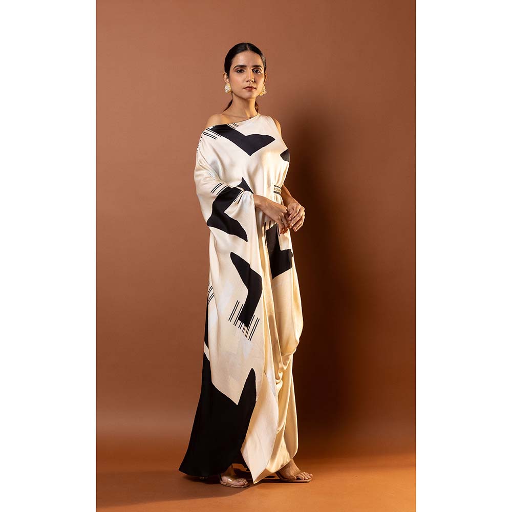 Vedika M White Printed Drop Shoulder Drape Dress with Attached Belt